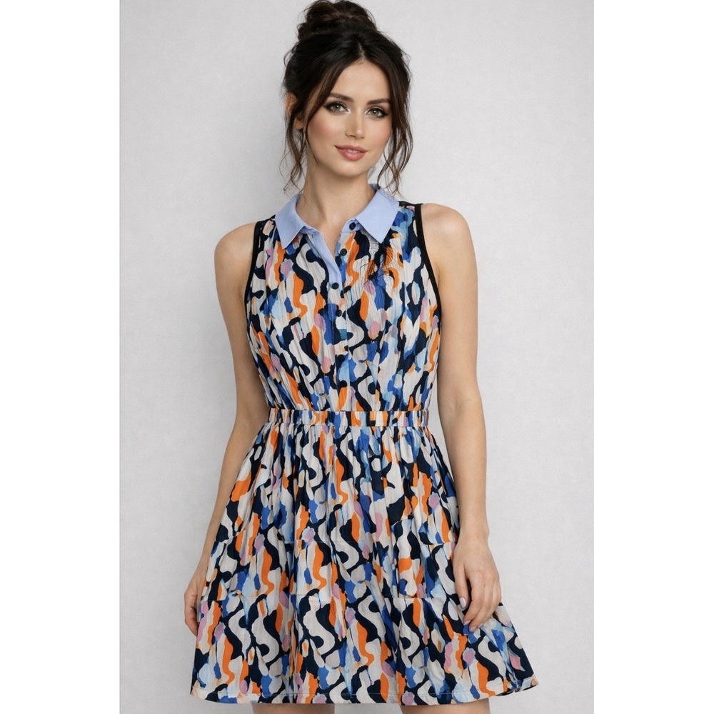 $678 Carven Printed Shirt Dress Womens 38‎ XS Blue Orange Sleeveless Fit & Flare